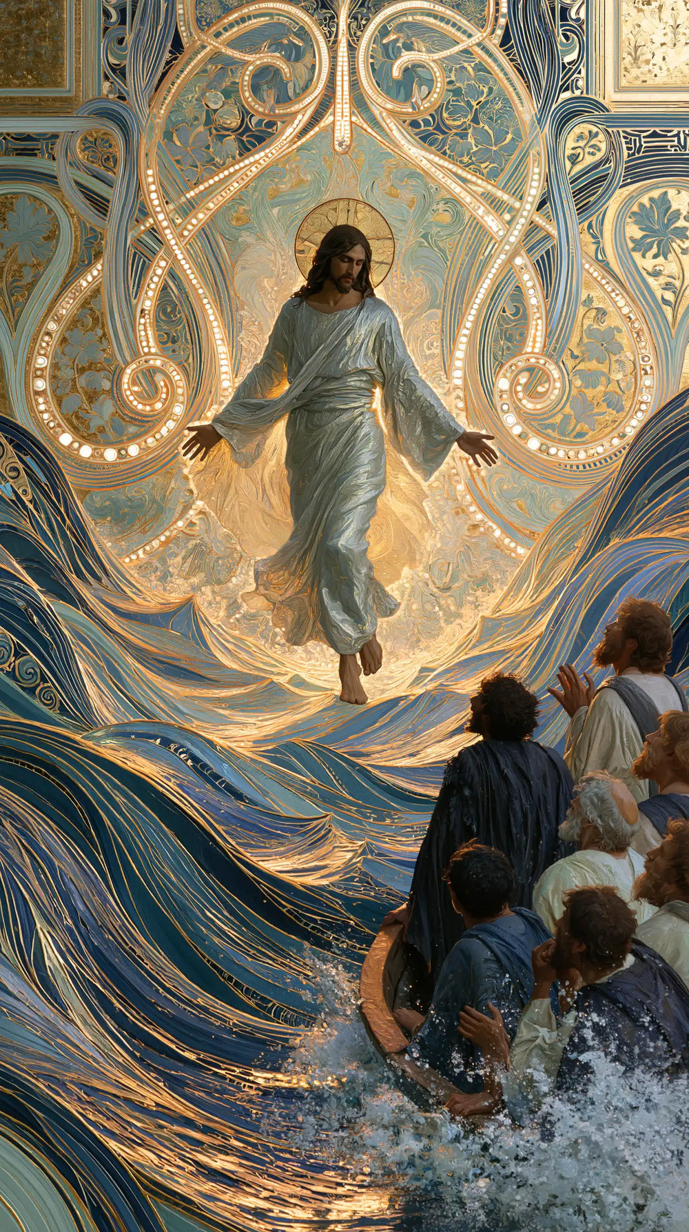 Jesus walking on water in Sacred Art Nouveau style, portrait Christian artwork no. 9