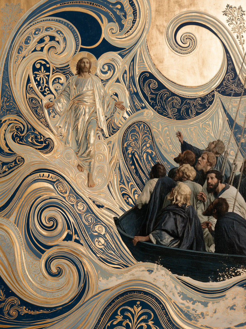Jesus walking on water in Sacred Art Nouveau style, portrait Christian artwork no. 33