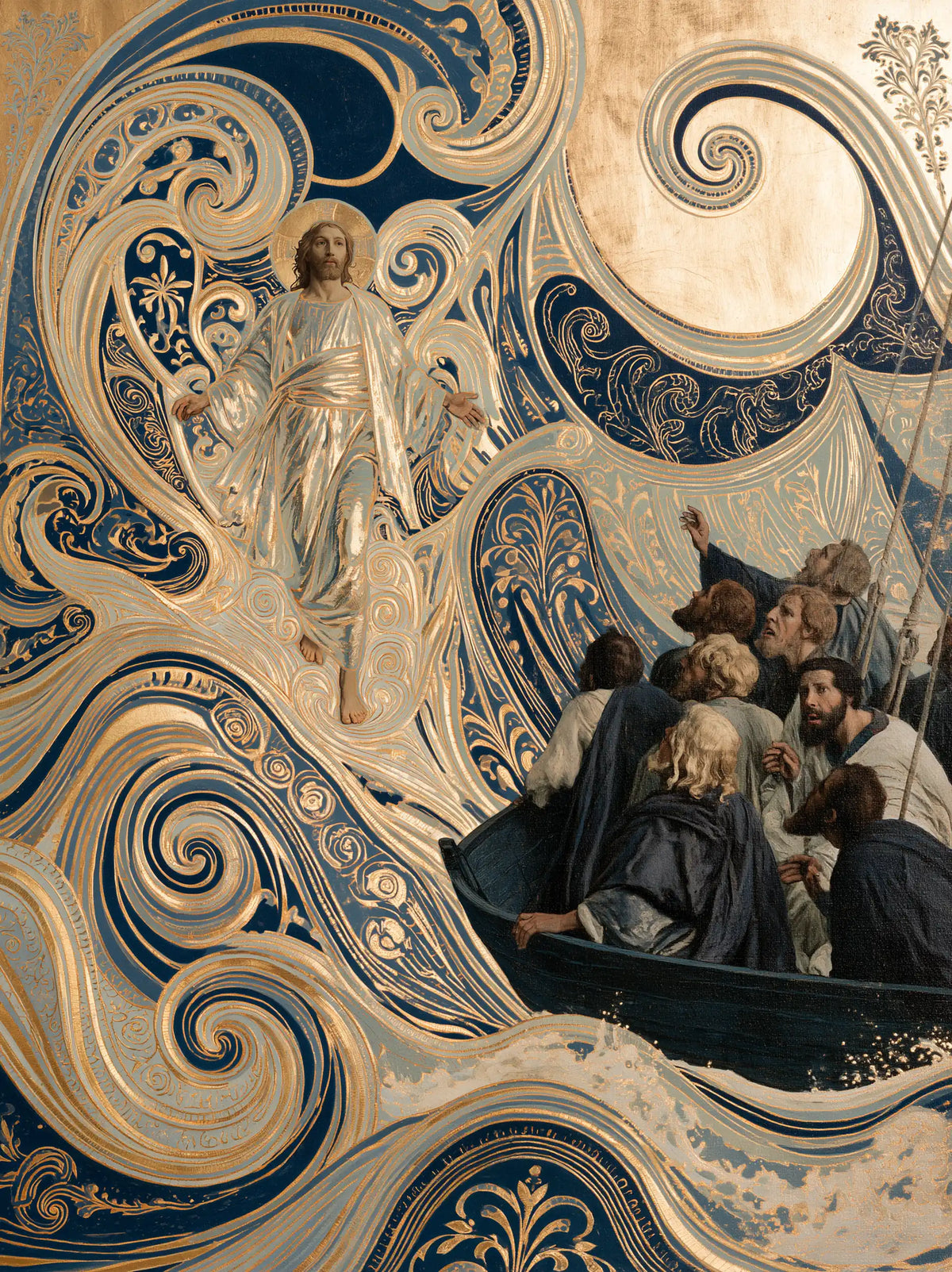 Jesus walking on water in Sacred Art Nouveau style, portrait Christian artwork no. 33