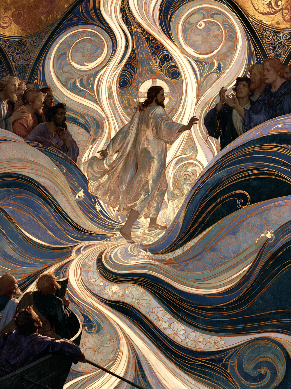 Jesus walking on water in Sacred Art Nouveau style, portrait Christian artwork no. 37