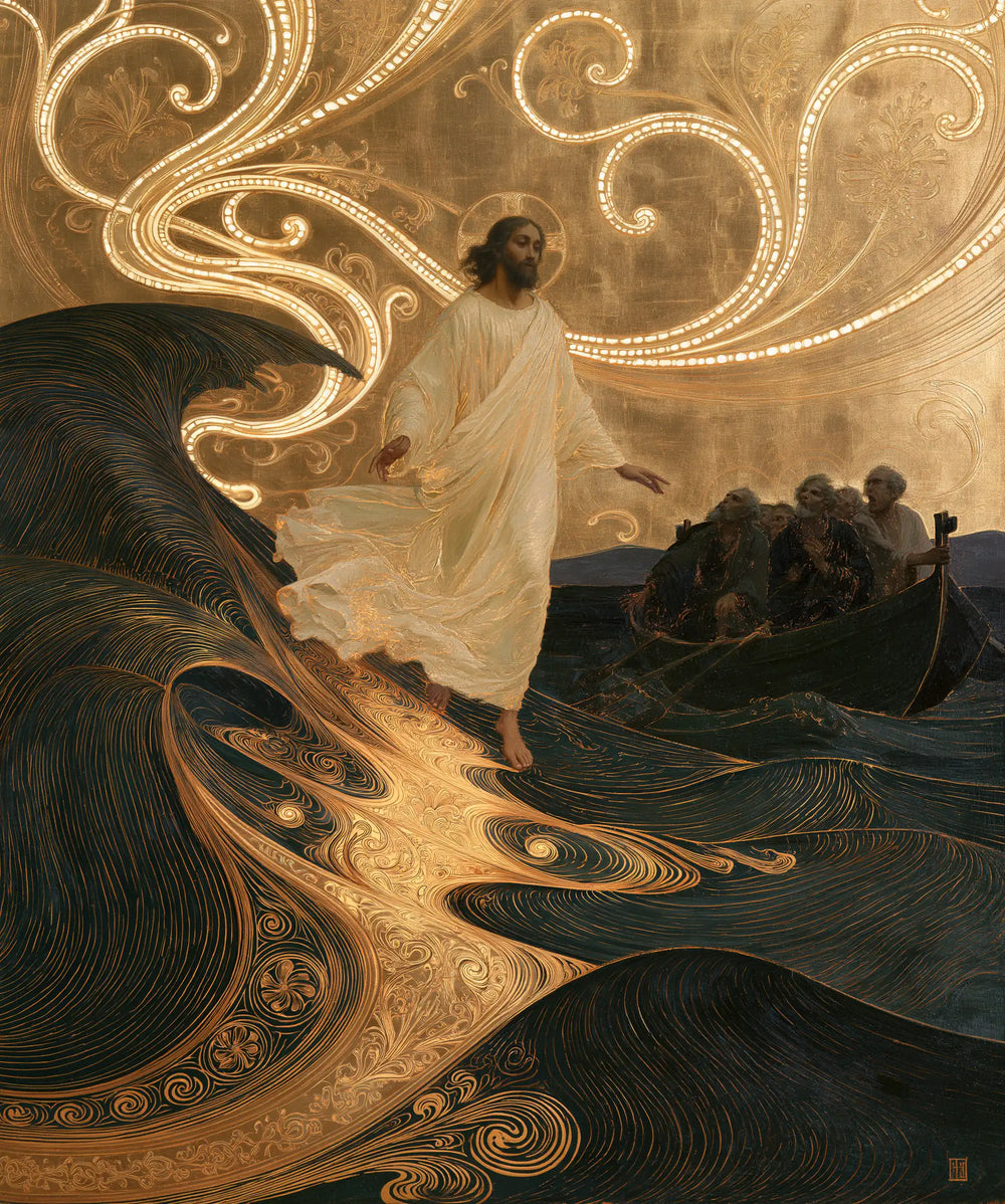 Jesus walking on water in Sacred Art Nouveau style, portrait Christian artwork no. 41