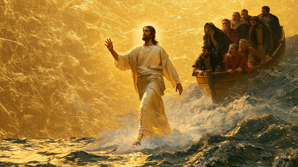 Jesus walking on water in Sacred Gold style, landscape Christian artwork no. 4