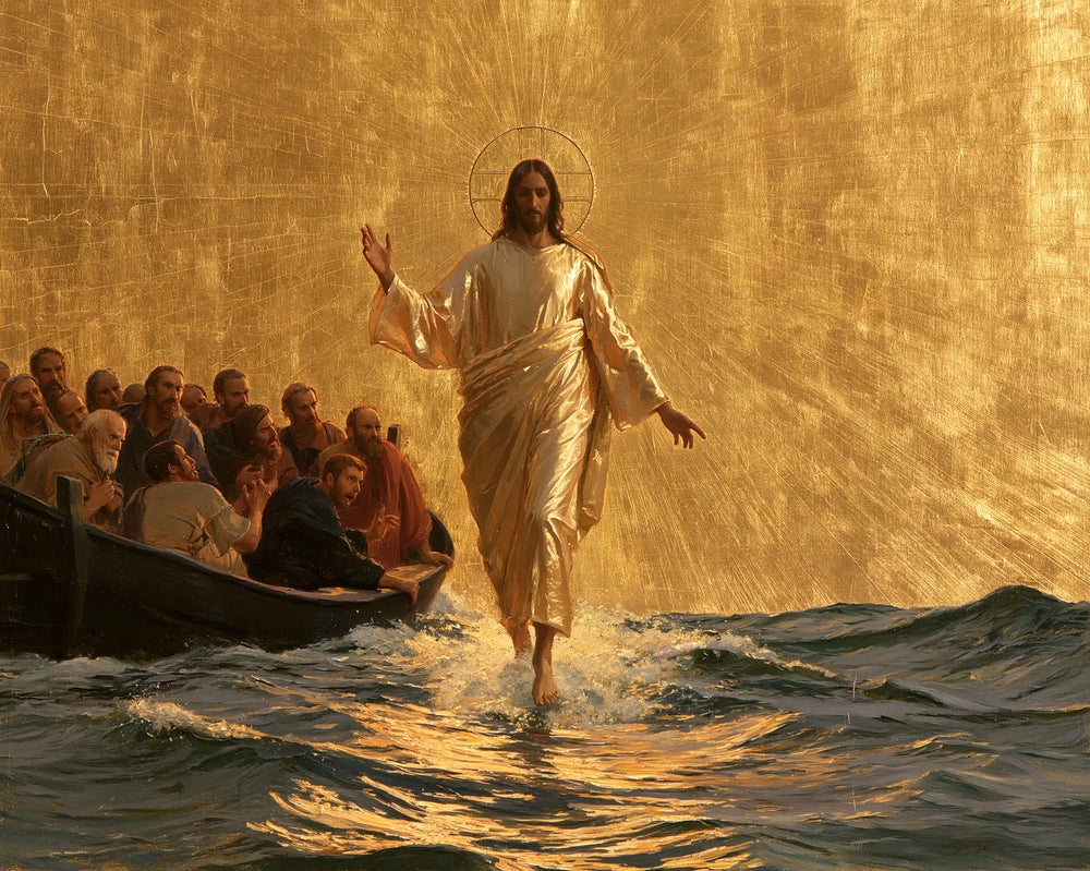 Jesus walking on water in Sacred Gold style, landscape Christian artwork no. 16