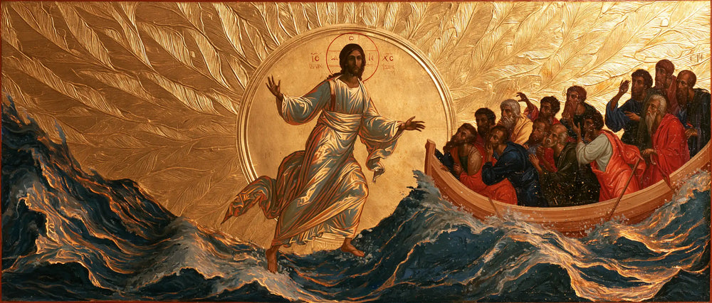 Jesus walking on water in Sacred Gold style, landscape Christian artwork no. 24