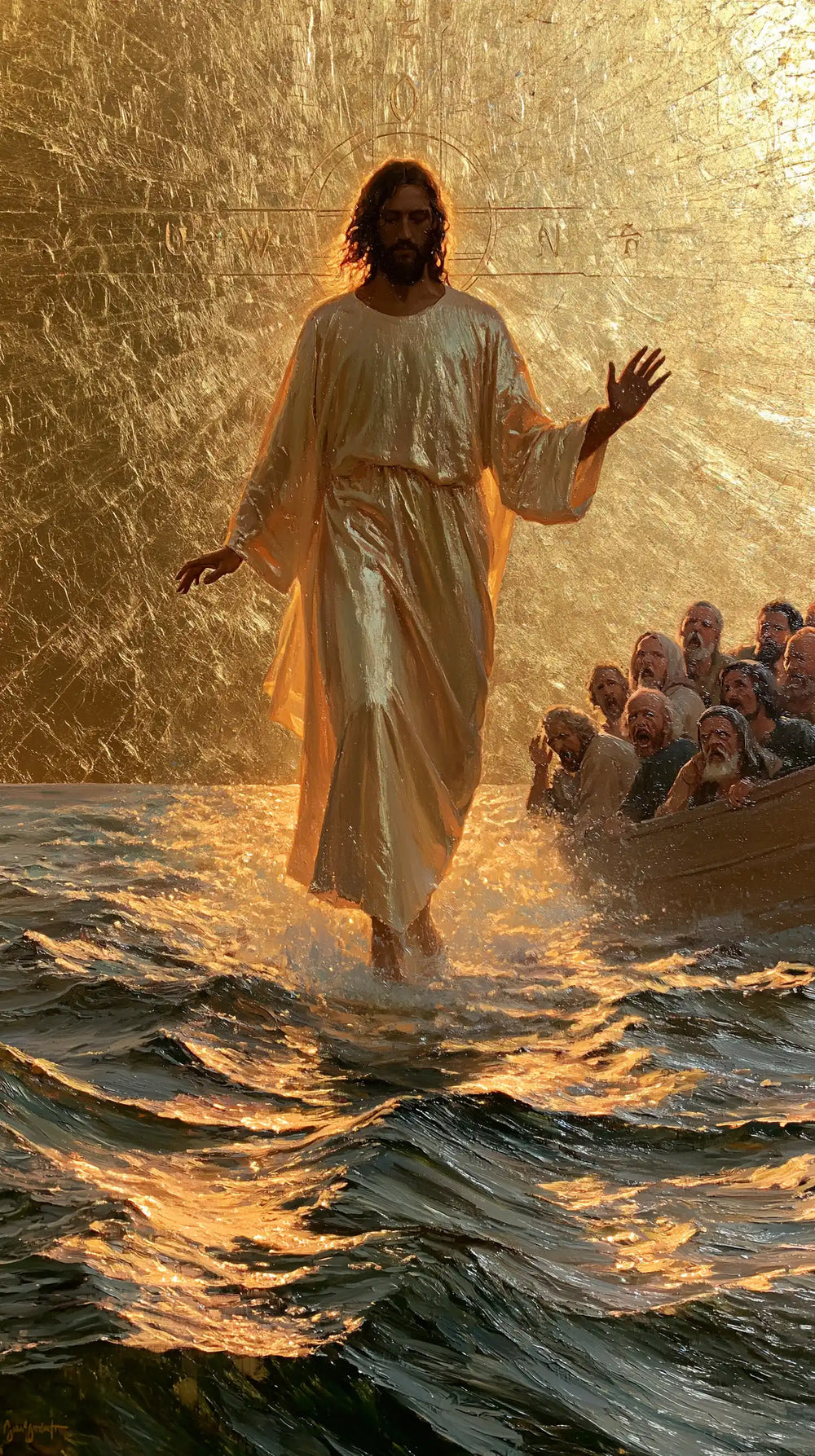 Jesus walking on water in Sacred Gold style, portrait Christian artwork no. 2