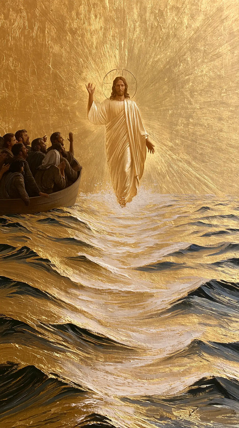 Jesus walking on water in Sacred Gold style, portrait Christian artwork no. 6