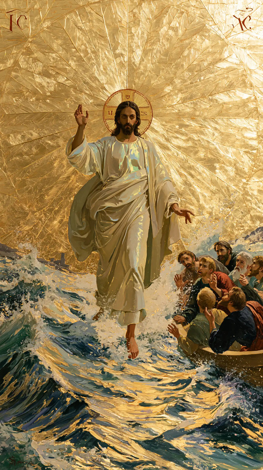Jesus walking on water in Sacred Gold style, portrait Christian artwork no. 15