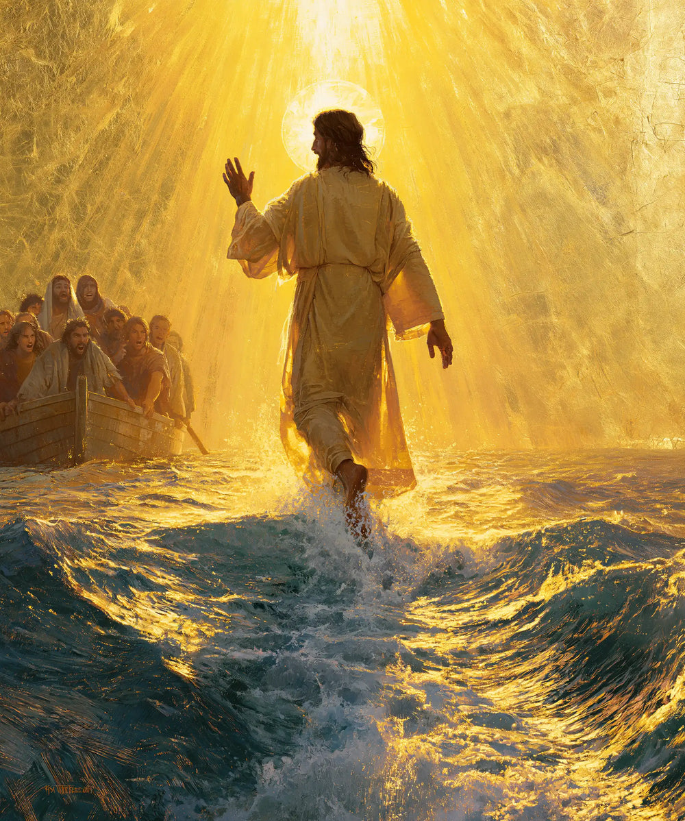 Jesus walking on water in Sacred Gold style, portrait Christian artwork no. 26