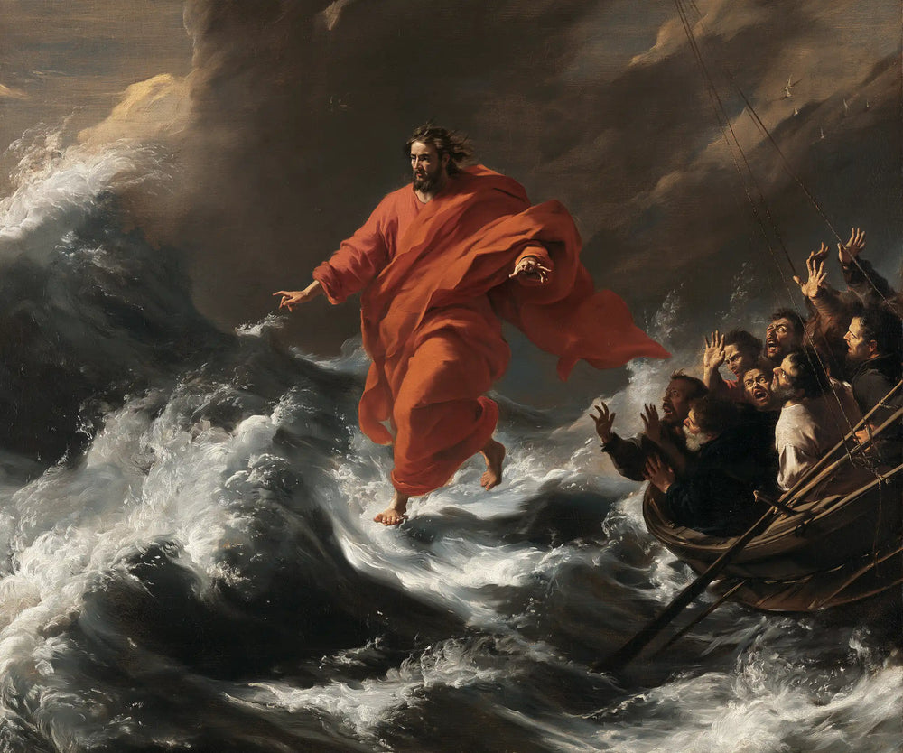 Jesus walking on water in Theatrical Baroque style, landscape Christian artwork no. 3