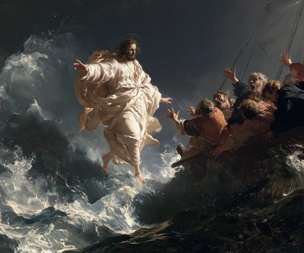 Jesus walking on water in Theatrical Baroque style, landscape Christian artwork no. 9