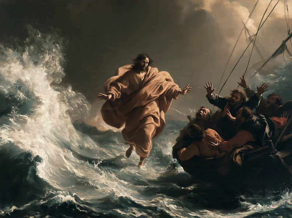 Jesus walking on water in Theatrical Baroque style, landscape Christian artwork no. 13