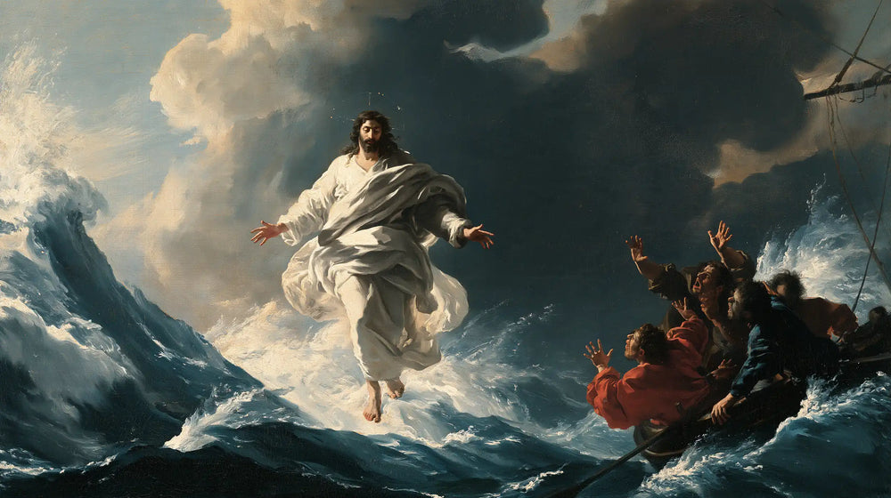 Jesus walking on water in Theatrical Baroque style, landscape Christian artwork no. 24