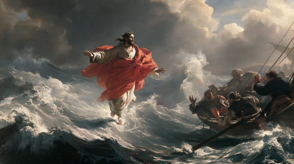 Jesus walking on water in Theatrical Baroque style, landscape Christian artwork no. 29