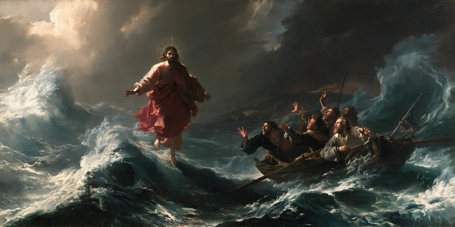 Jesus walking on water in Theatrical Baroque style, landscape Christian artwork no. 30