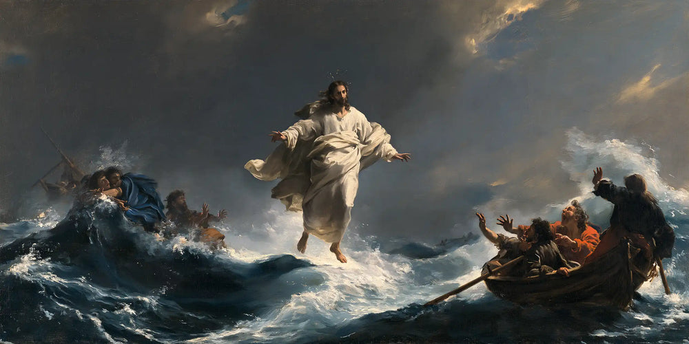 Jesus walking on water in Theatrical Baroque style, landscape Christian artwork no. 31