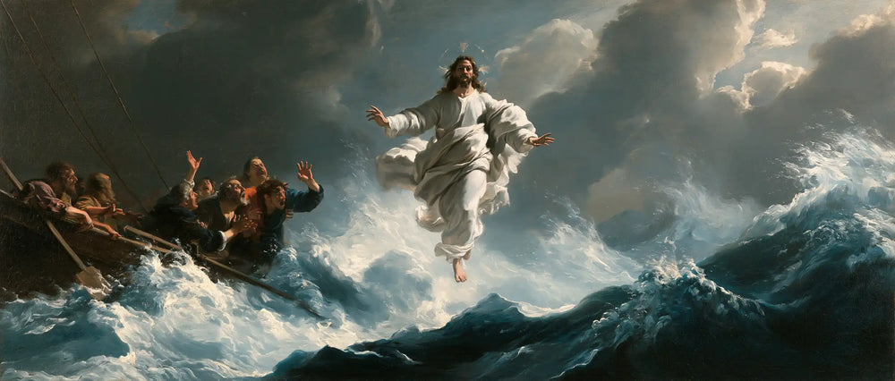 Jesus walking on water in Theatrical Baroque style, landscape Christian artwork no. 34