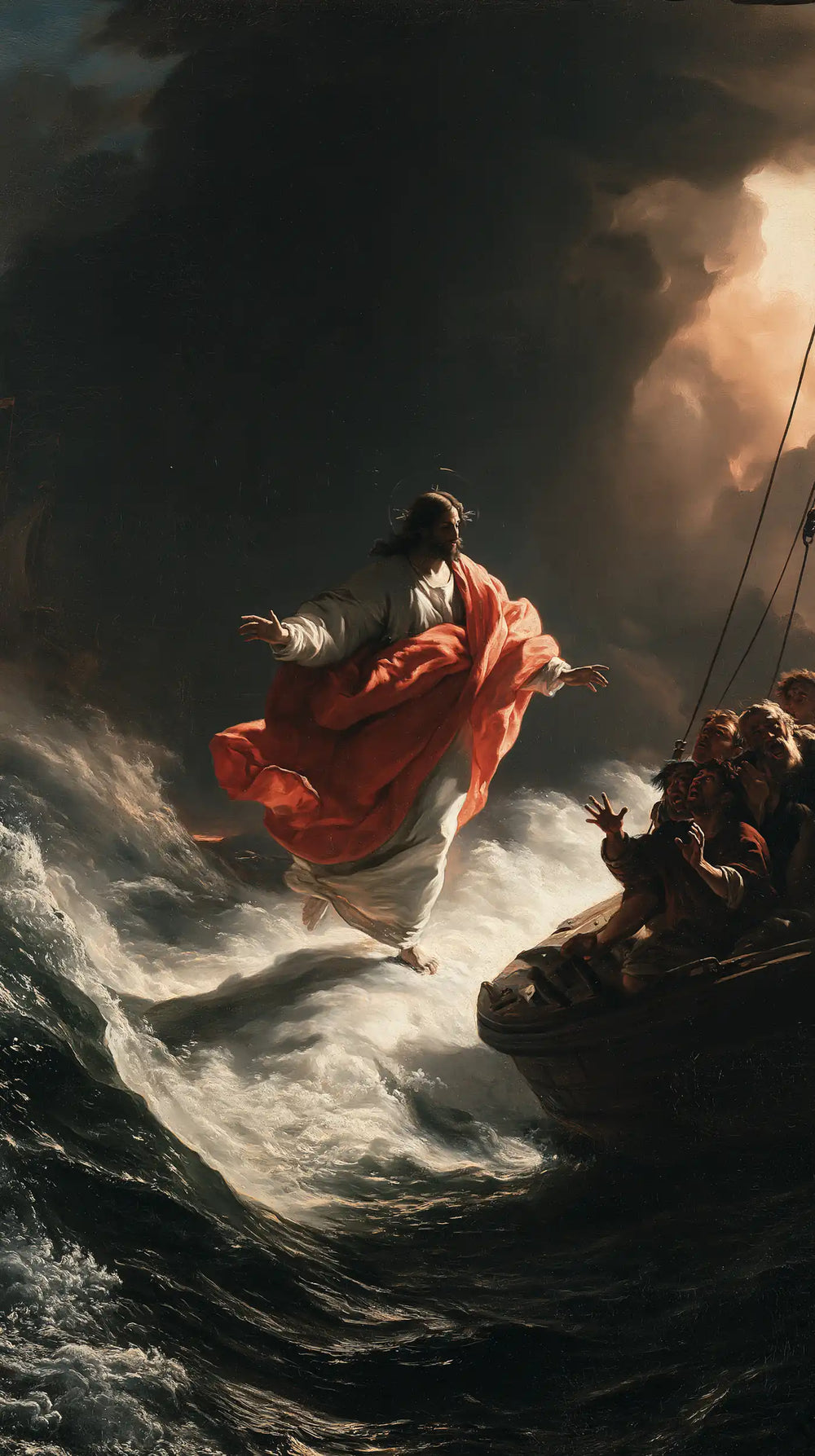Jesus walking on water in Theatrical Baroque style, portrait Christian artwork no. 5