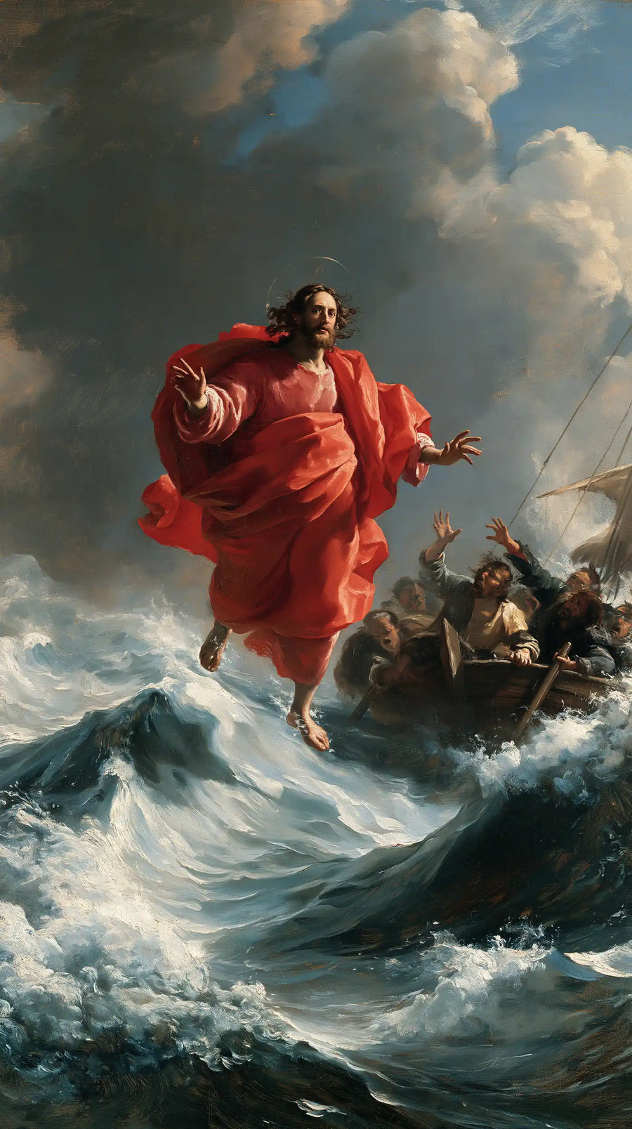 Jesus walking on water in Theatrical Baroque style, portrait Christian artwork no. 6