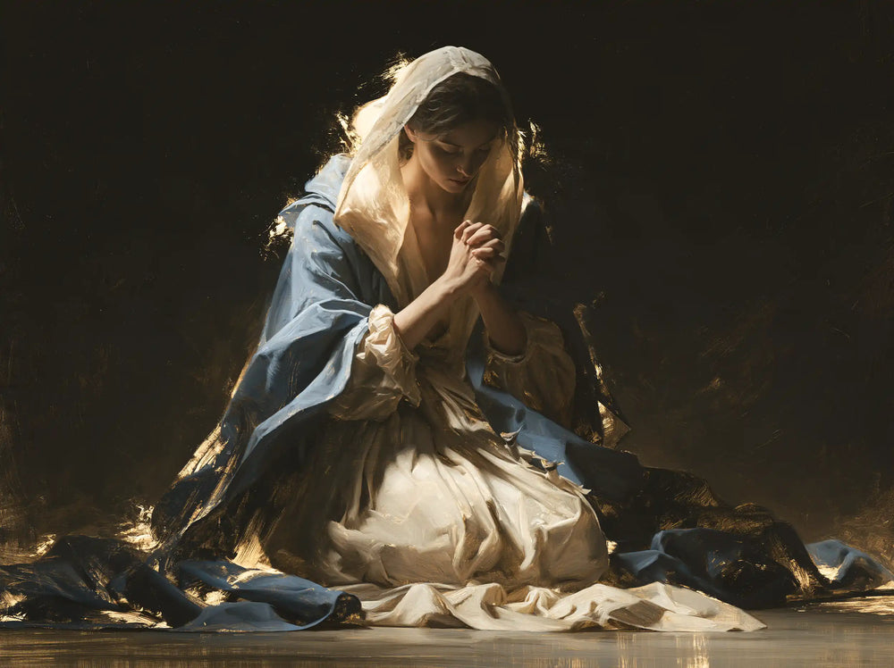 the Virgin Mary in prayer in Black and Gold style, landscape Christian artwork no. 11