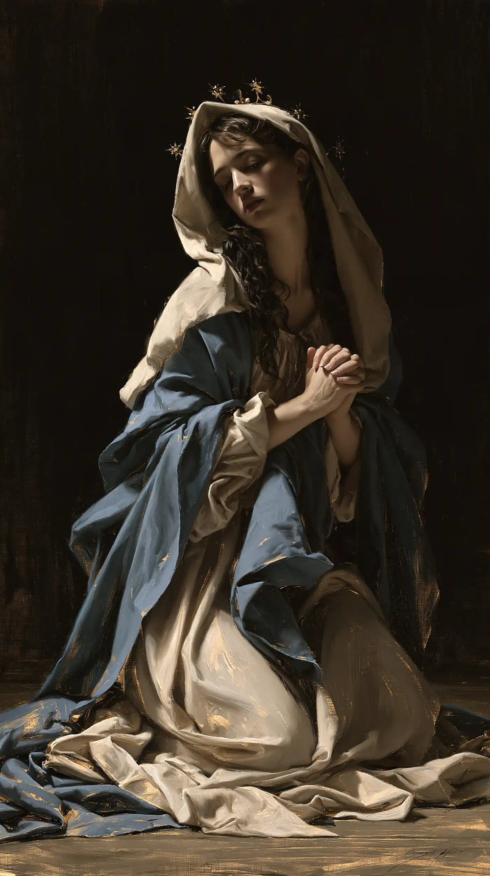 the Virgin Mary in prayer in Black and Gold style, portrait Christian artwork no. 2