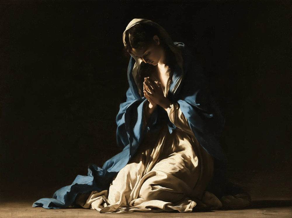 the Virgin Mary in prayer in Caravaggio Tenebrism style, landscape Christian artwork no. 6