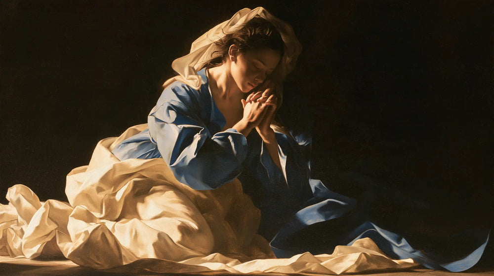 the Virgin Mary in prayer in Caravaggio Tenebrism style, landscape Christian artwork no. 8
