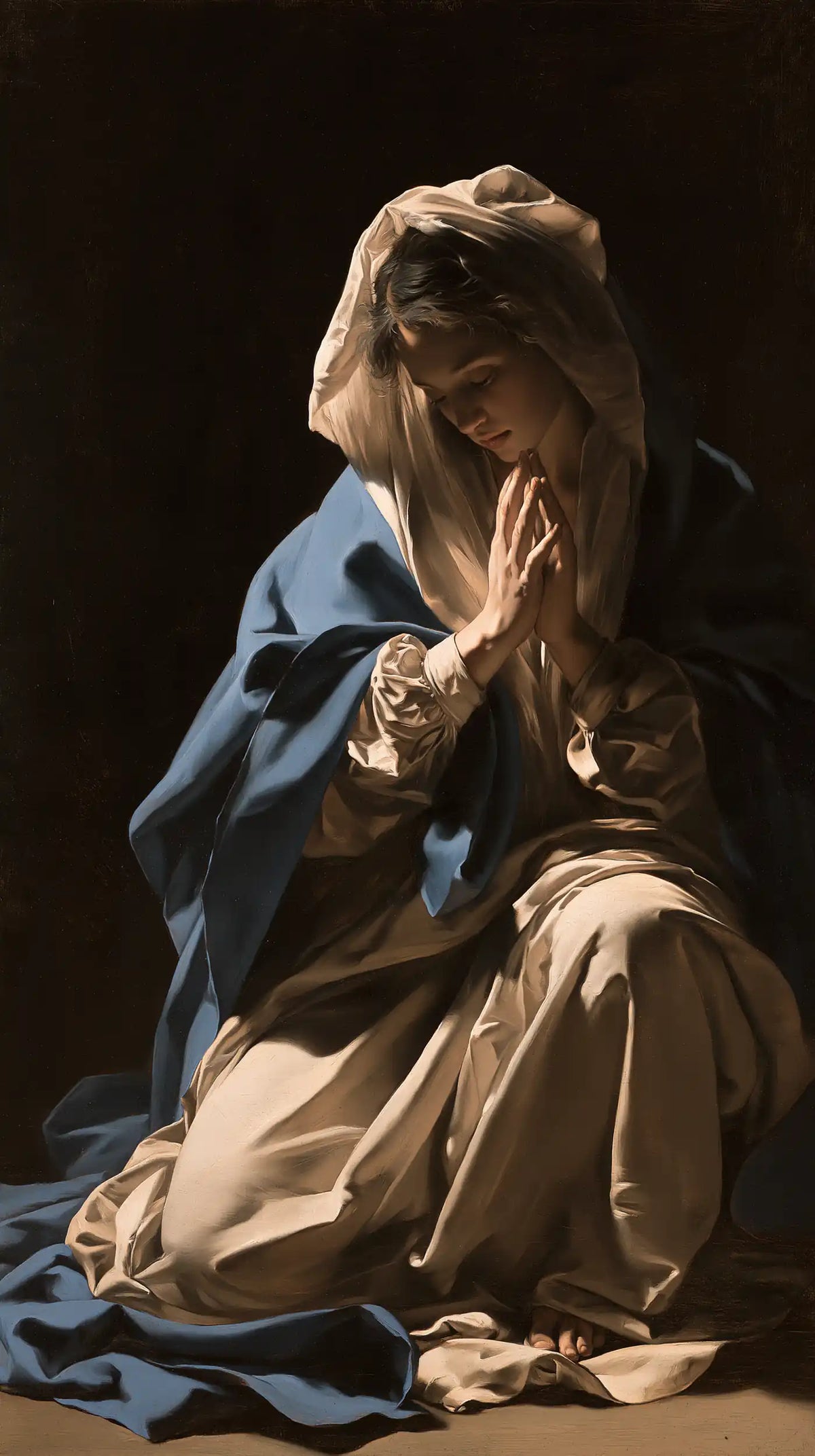 the Virgin Mary in prayer in Caravaggio Tenebrism style, portrait Christian artwork no. 2