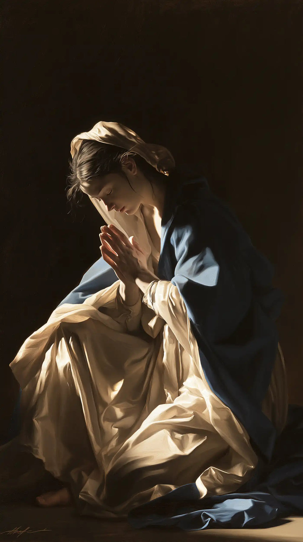 the Virgin Mary in prayer in Caravaggio Tenebrism style, portrait Christian artwork no. 4