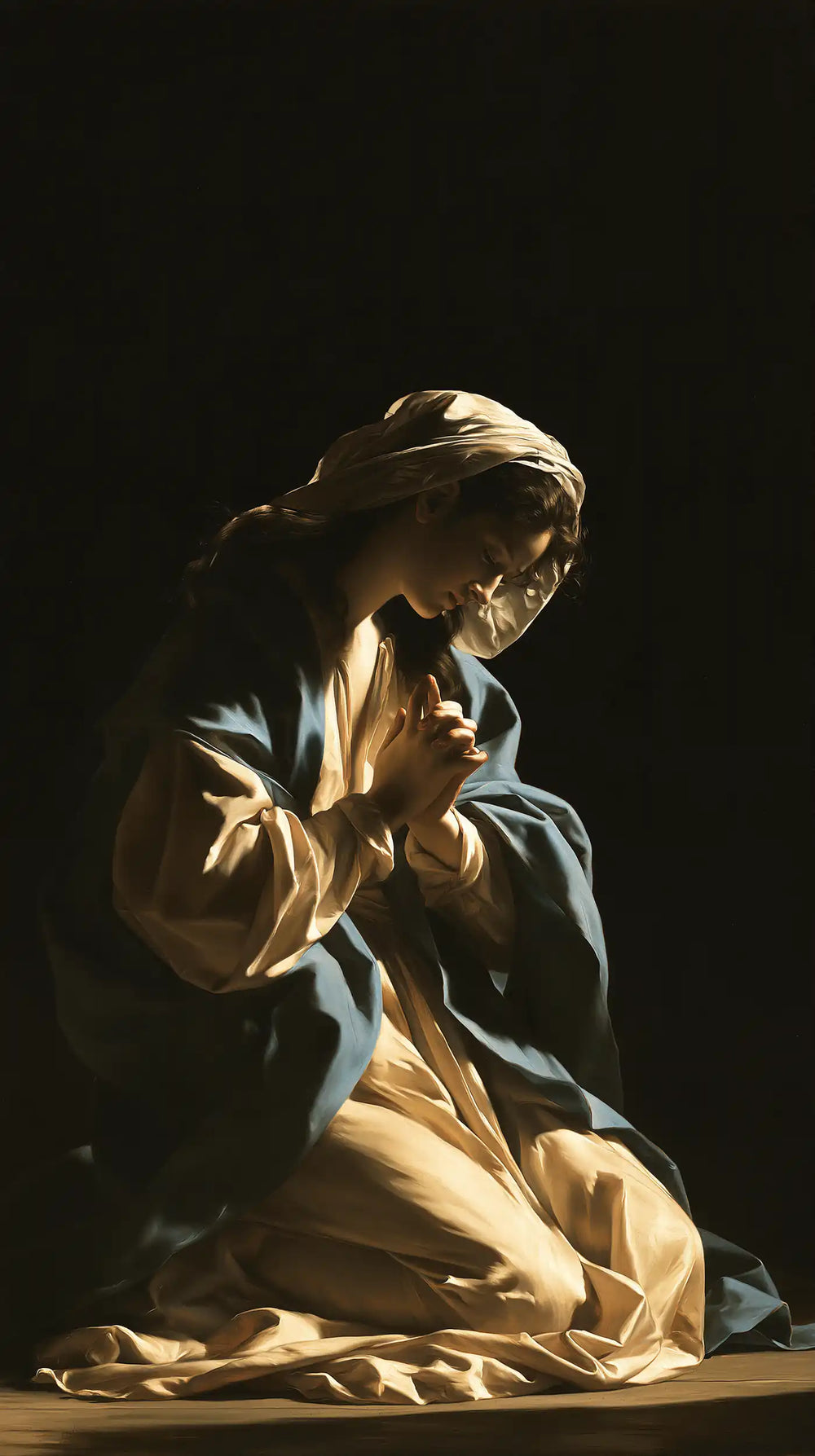 the Virgin Mary in prayer in Caravaggio Tenebrism style, portrait Christian artwork no. 6