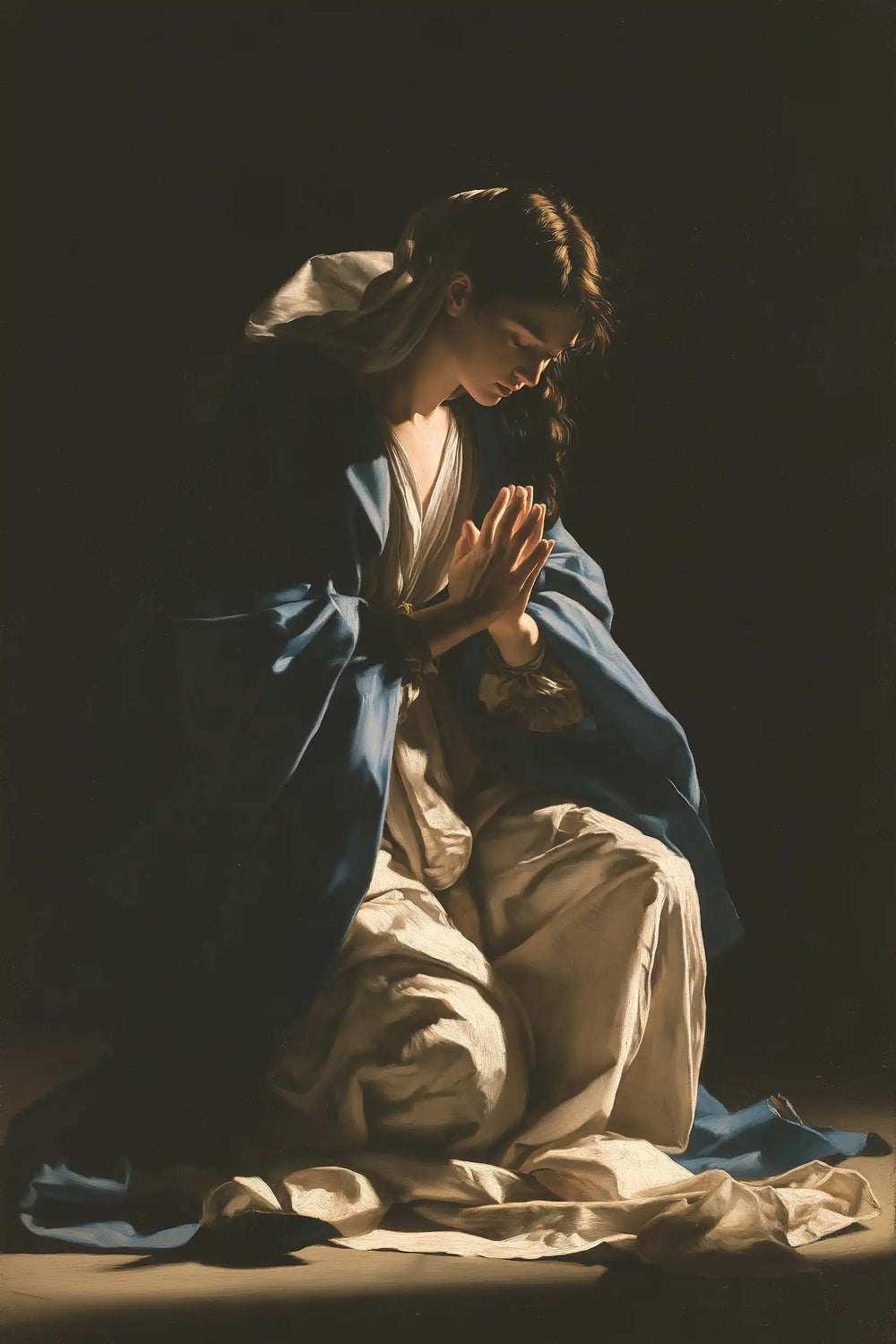 the Virgin Mary in prayer in Caravaggio Tenebrism style, portrait Christian artwork no. 9