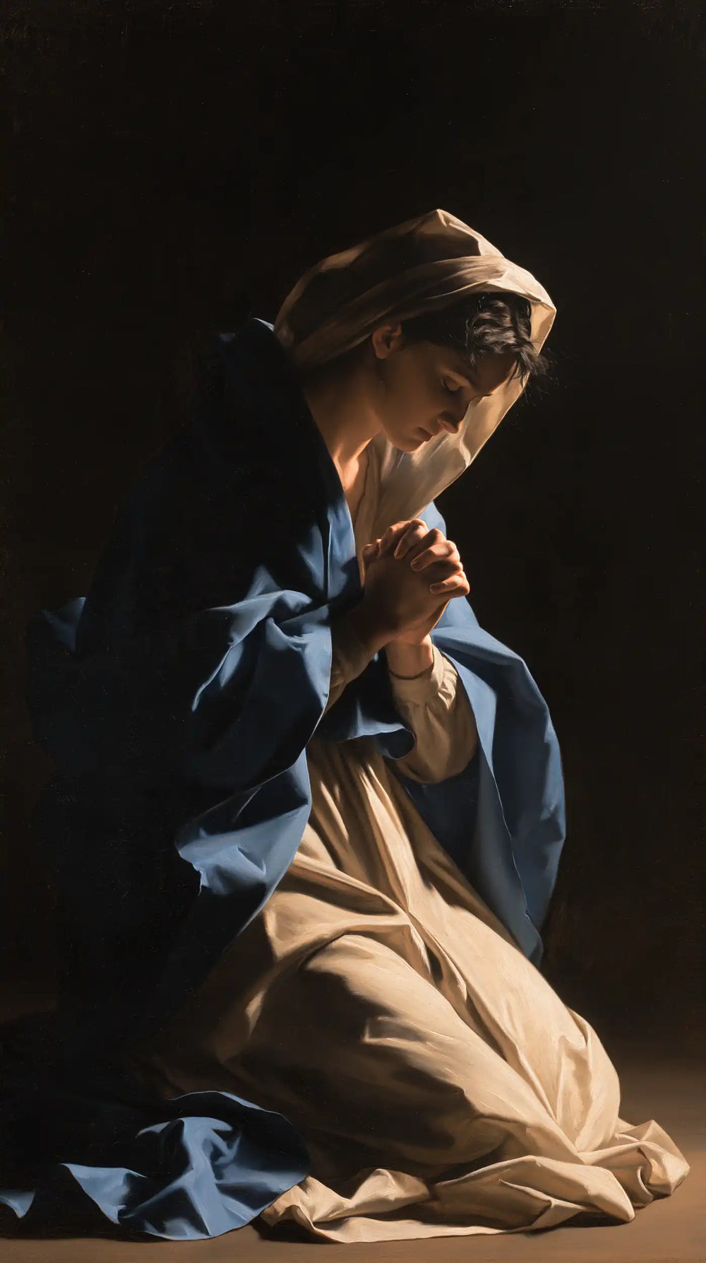 the Virgin Mary in prayer in Caravaggio Tenebrism style, portrait Christian artwork no. 14