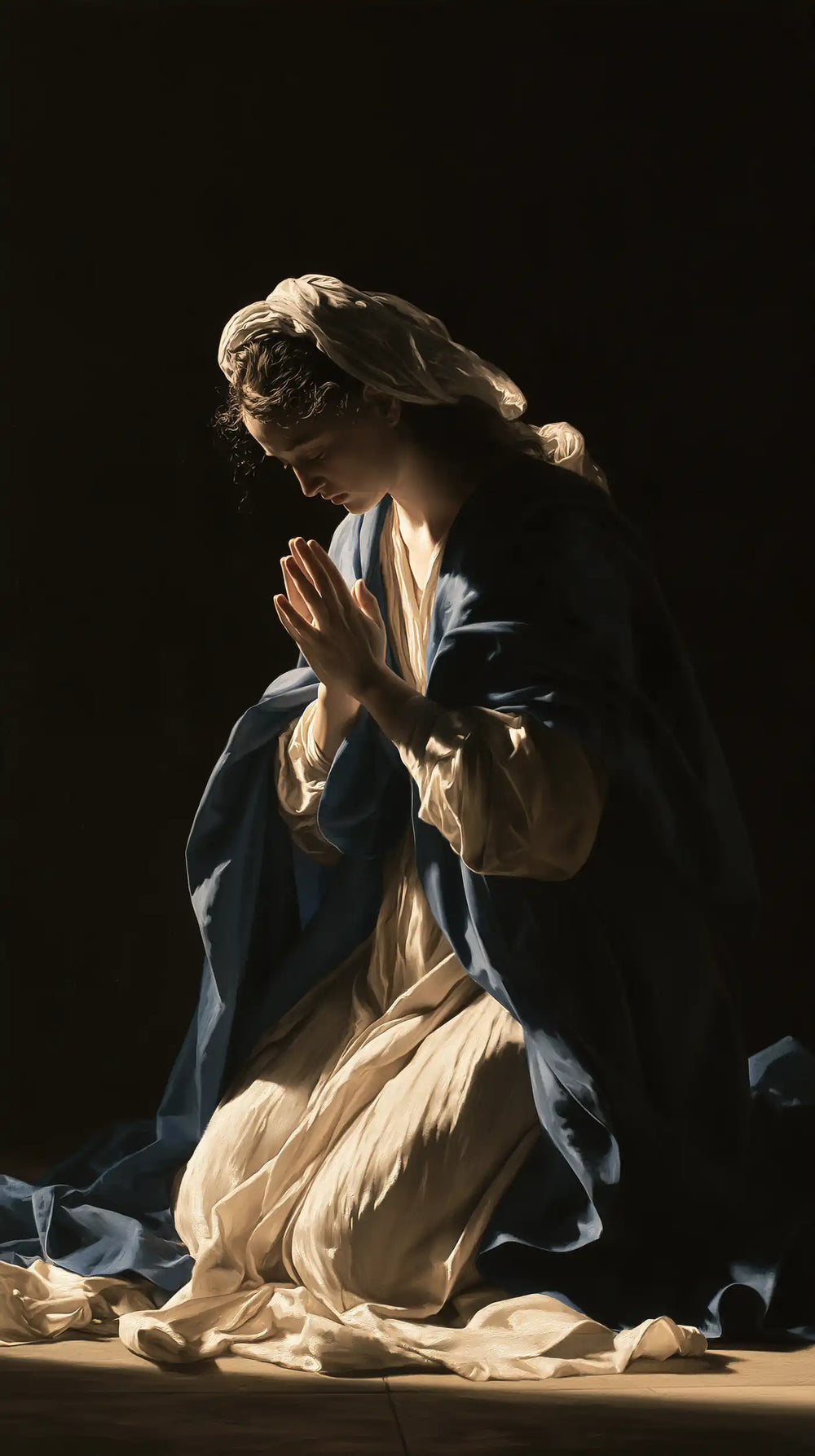 the Virgin Mary in prayer in Caravaggio Tenebrism style, portrait Christian artwork no. 15