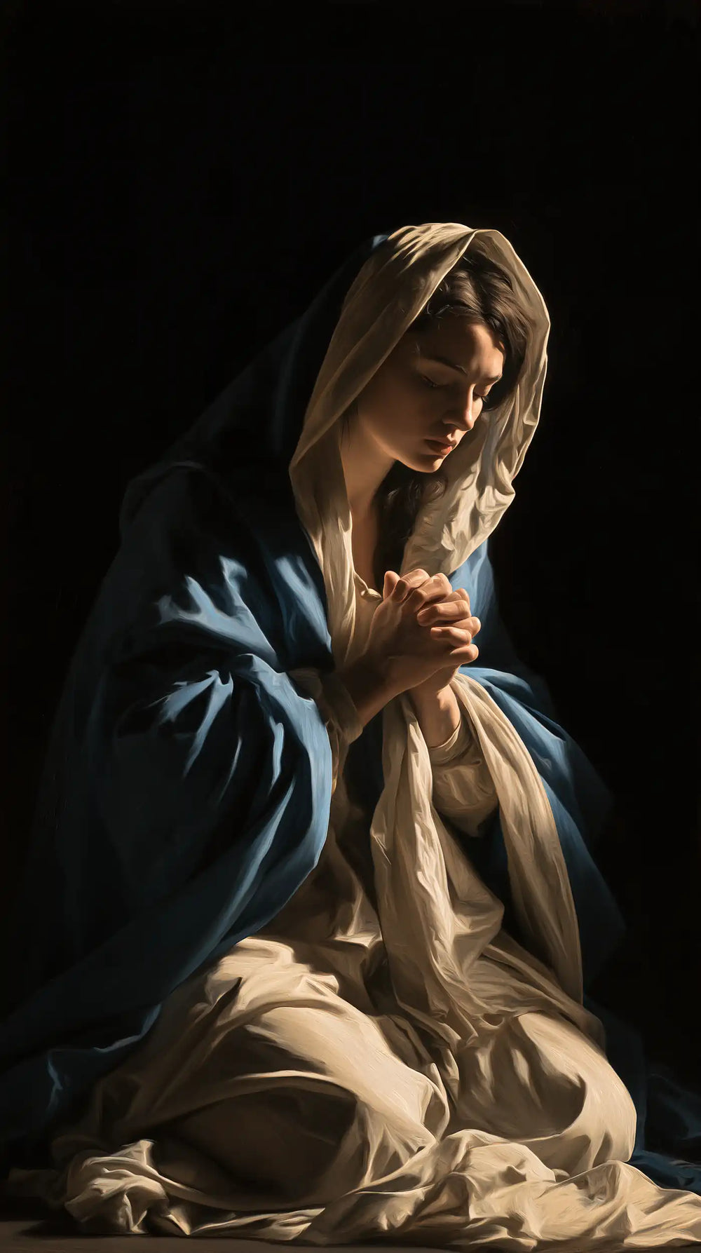 the Virgin Mary in prayer in Caravaggio Tenebrism style, portrait Christian artwork no. 17