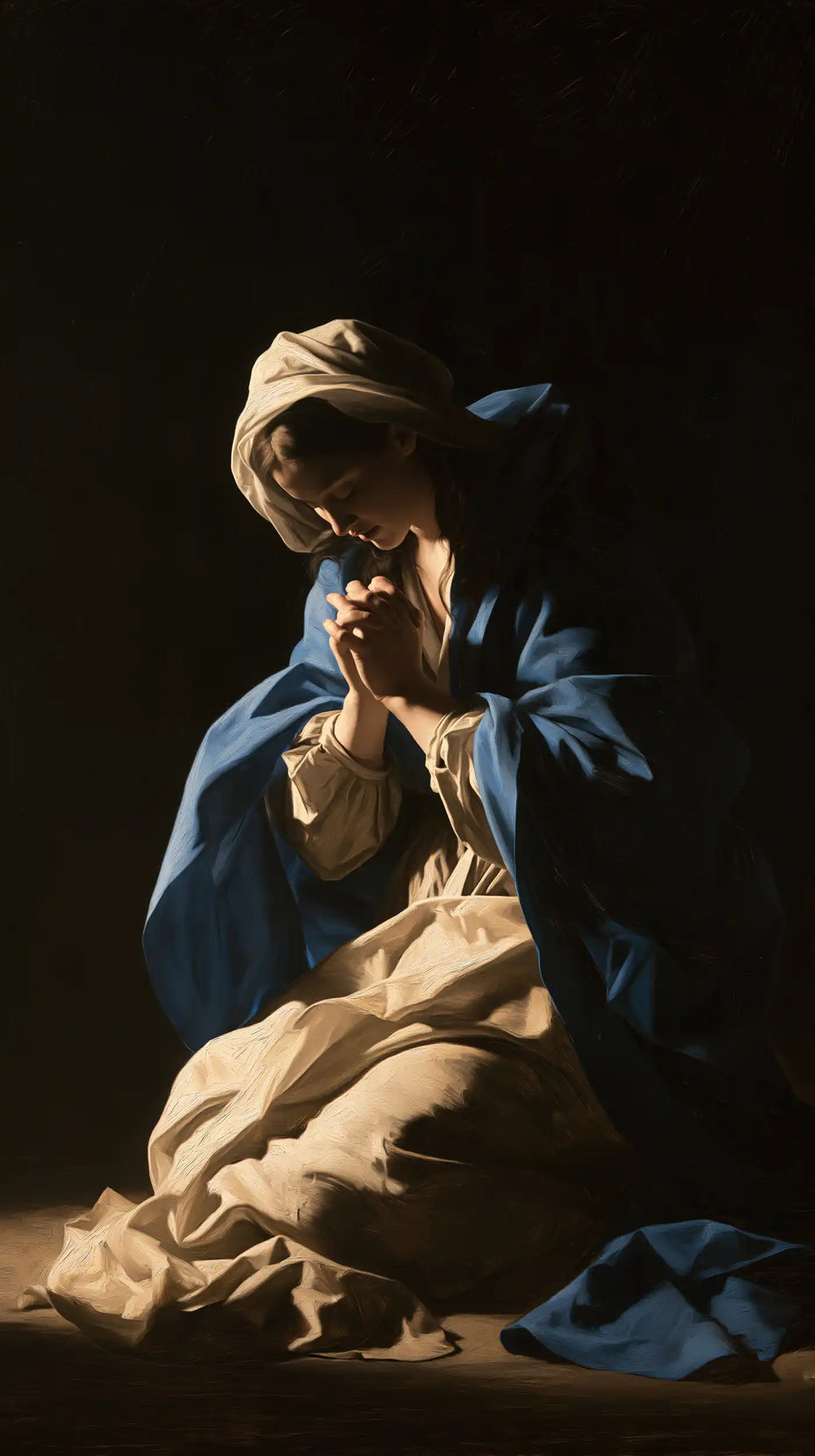 the Virgin Mary in prayer in Caravaggio Tenebrism style, portrait Christian artwork no. 19