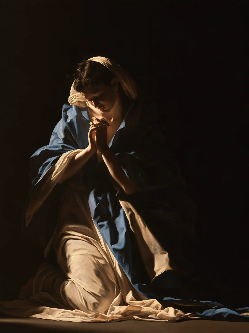 the Virgin Mary in prayer in Caravaggio Tenebrism style, portrait Christian artwork no. 24