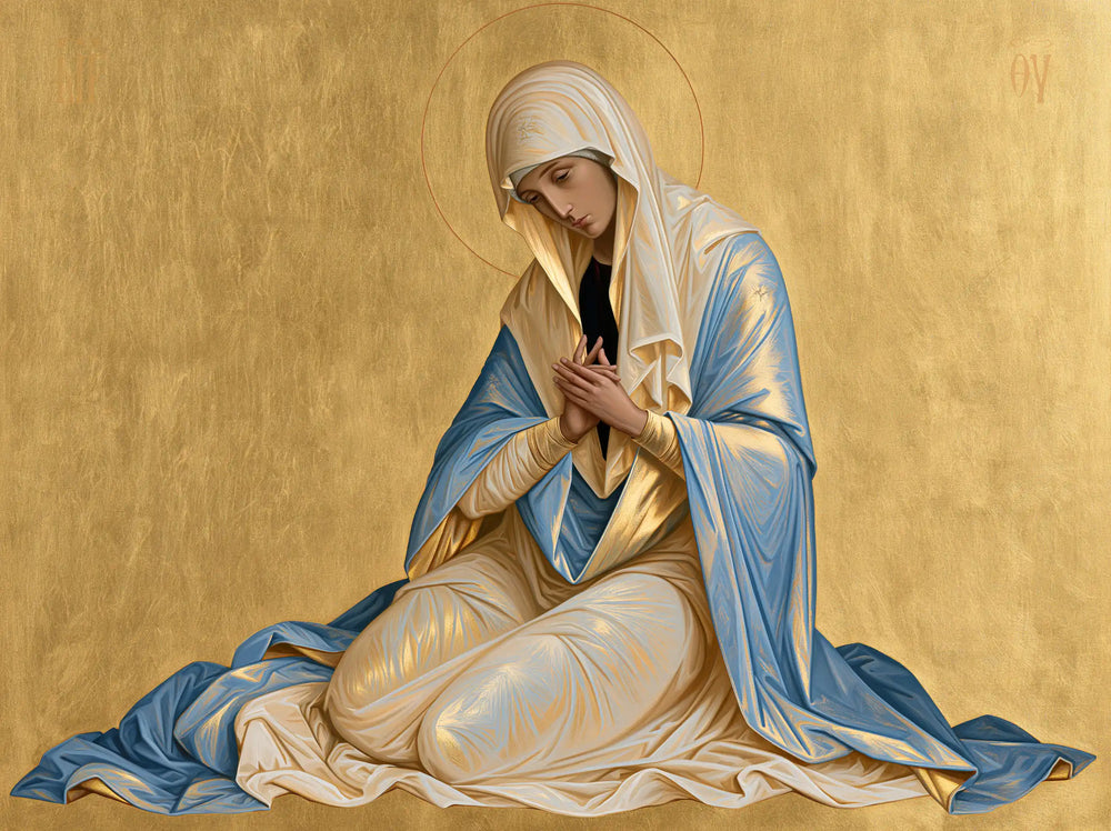 the Virgin Mary in prayer in Contemporary Byzantine style, landscape Christian artwork no. 4