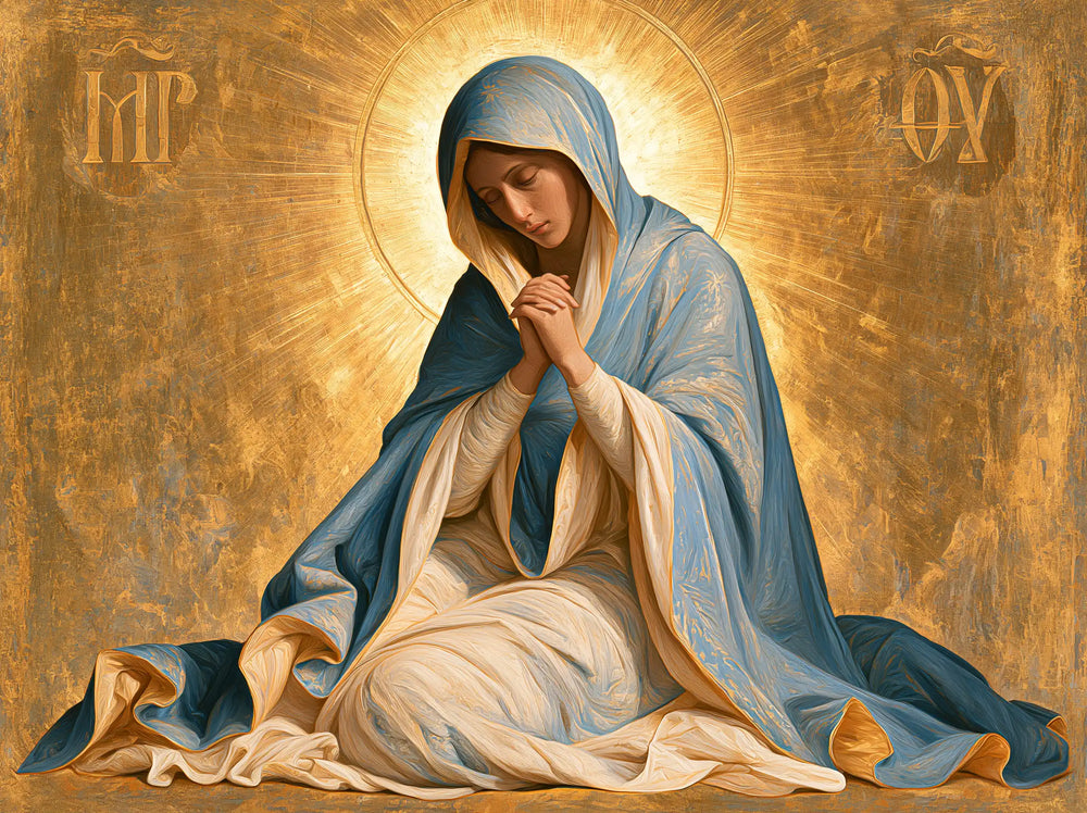 the Virgin Mary in prayer in Contemporary Byzantine style, landscape Christian artwork no. 8
