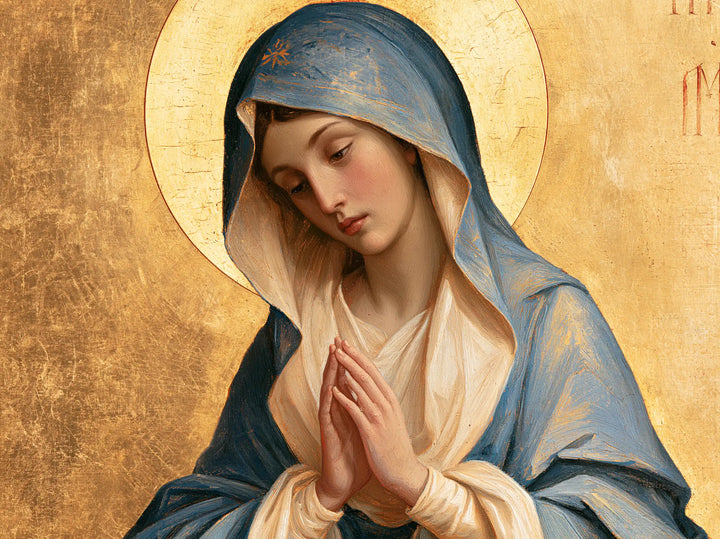 Virgin Mary in Prayer — The Cheek beside the Palms