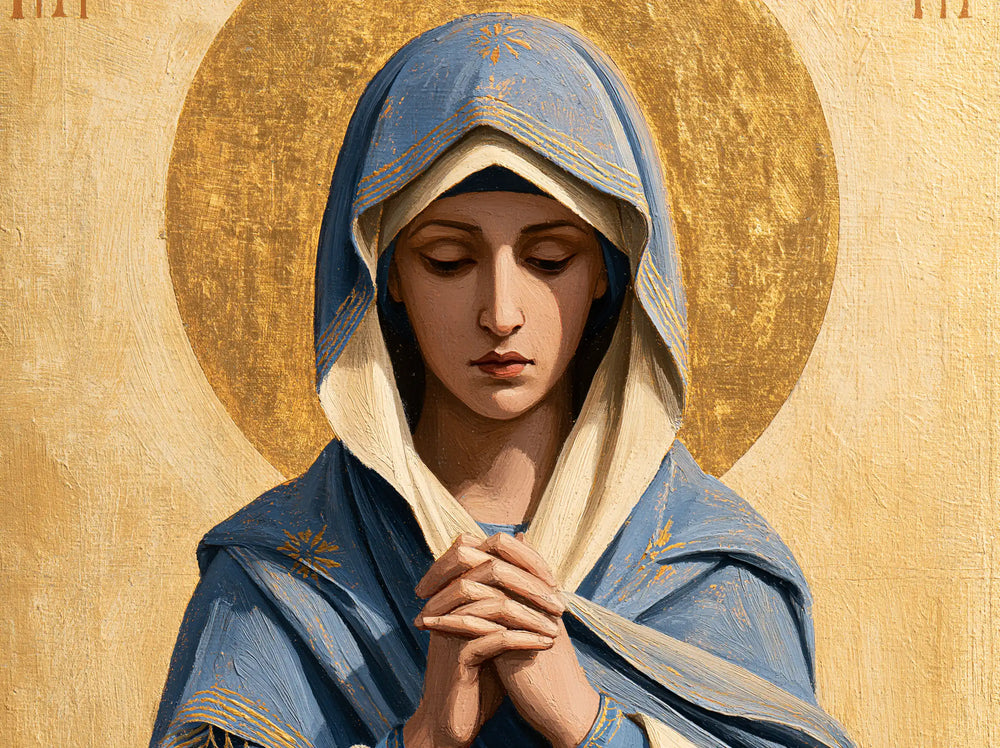 the Virgin Mary in prayer in Contemporary Byzantine style, landscape Christian artwork no. 12