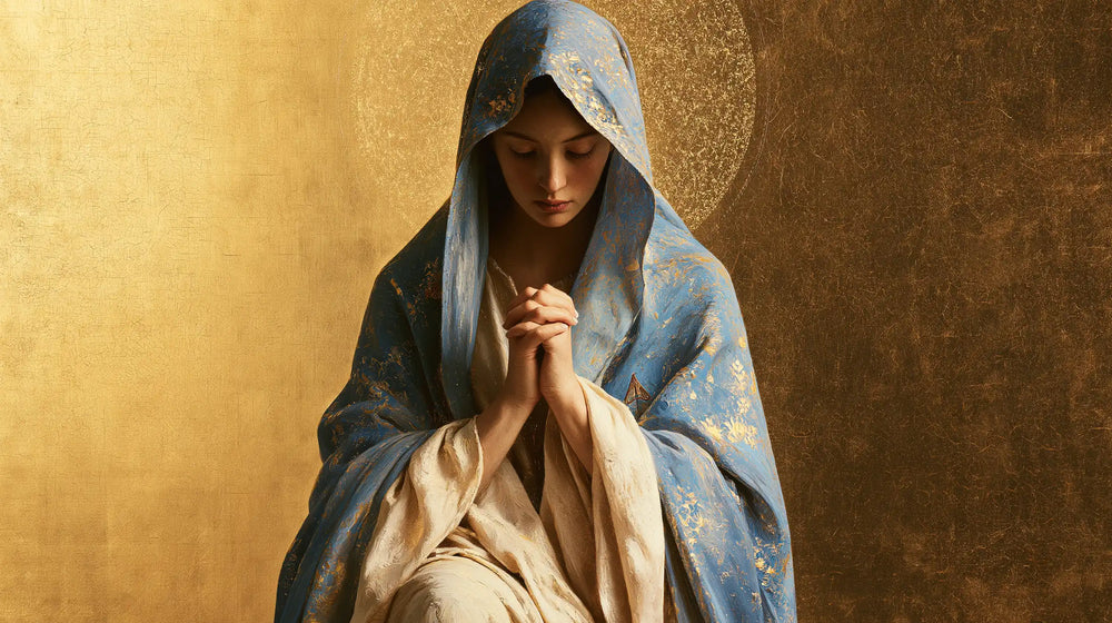the Virgin Mary in prayer in Contemporary Byzantine style, landscape Christian artwork no. 17