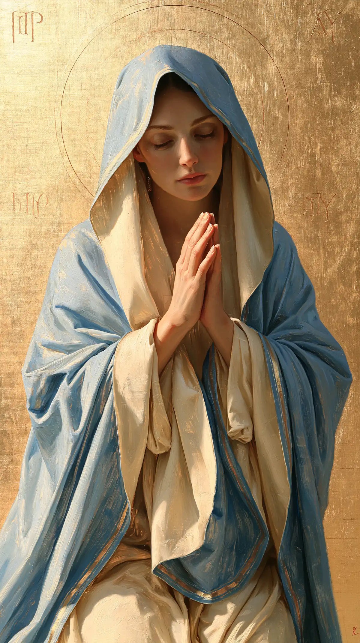 Virgin Mary in Prayer — Azure in Gentle Light