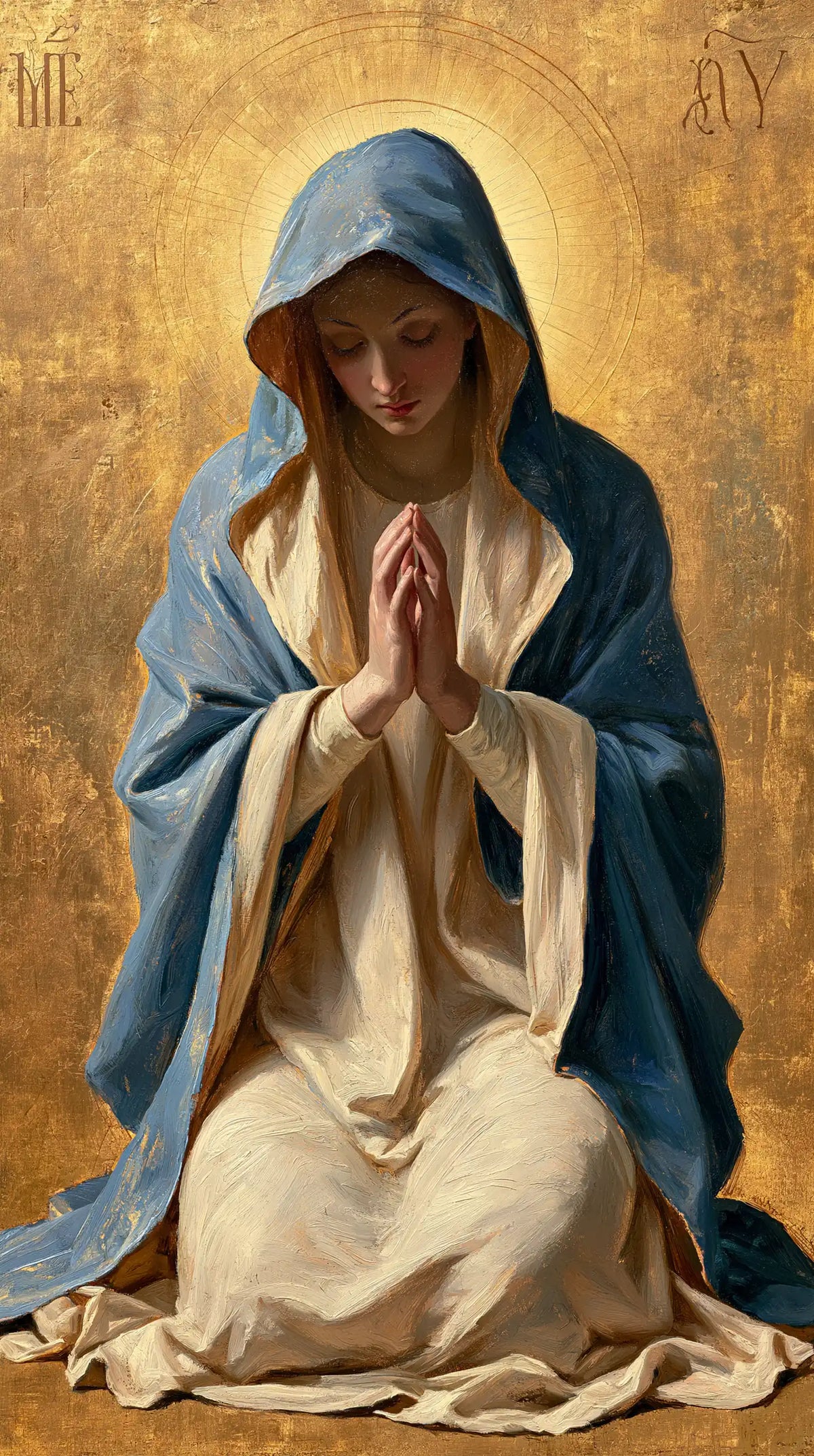 Virgin Mary in Prayer — The Glow behind Deep Blue