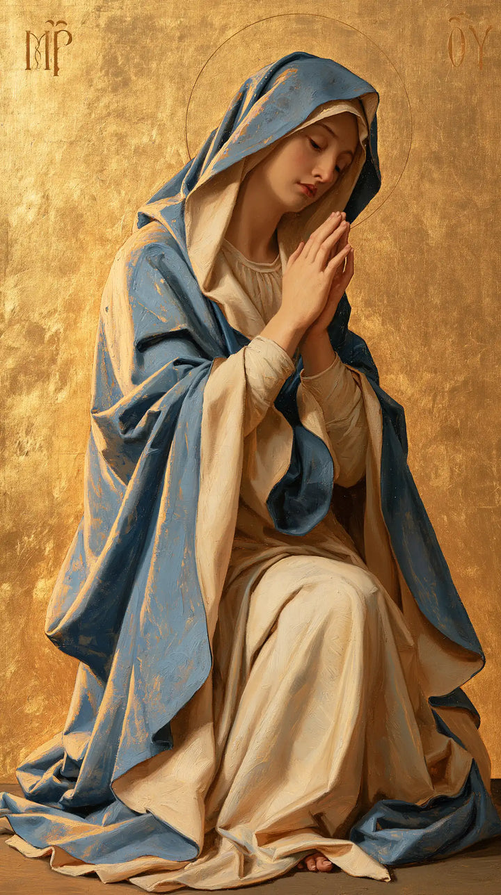 Virgin Mary in Prayer — Blue Hemmed with Sunlight