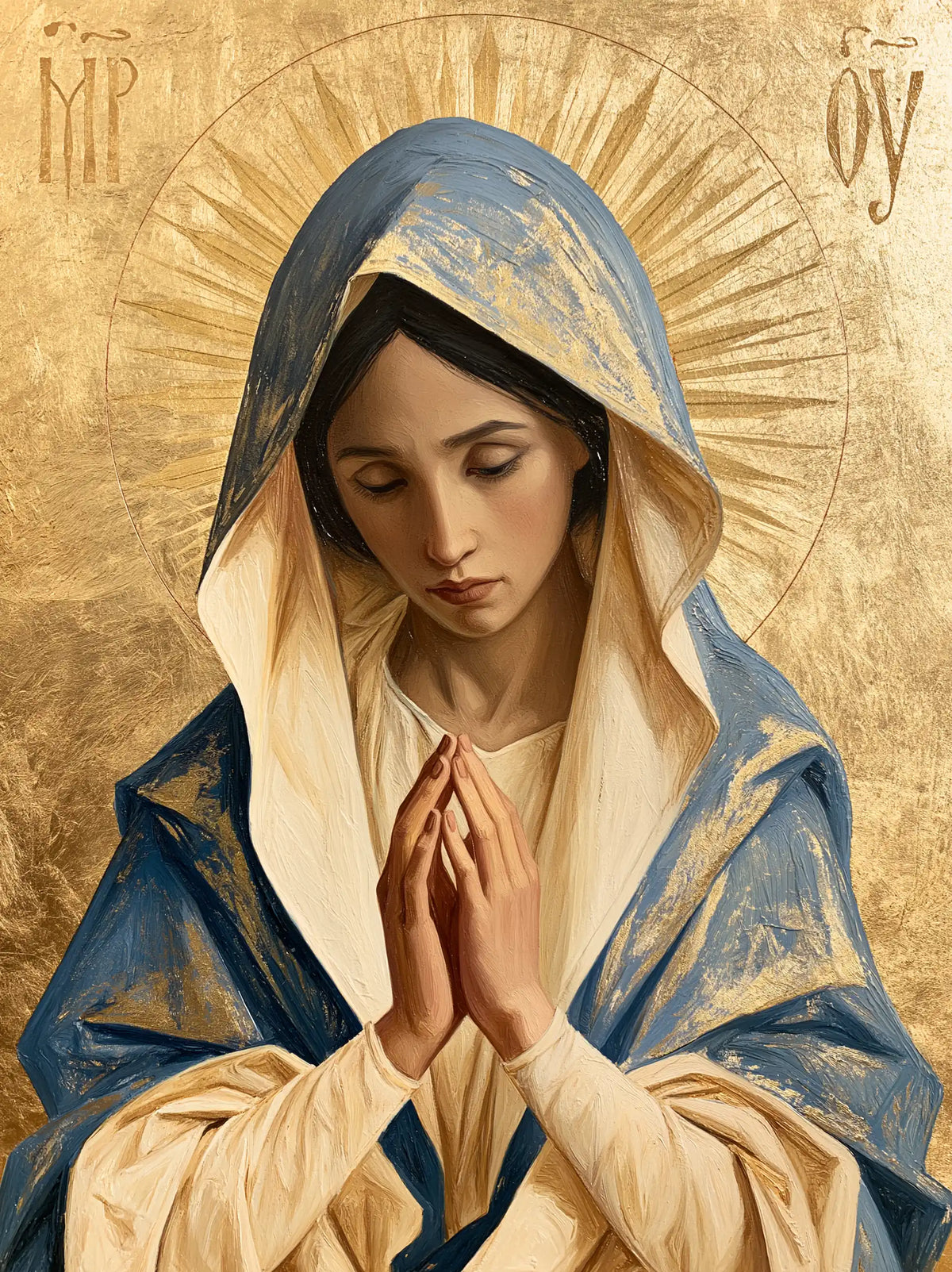 Virgin Mary in Prayer — Prayer beneath the Etched Halo