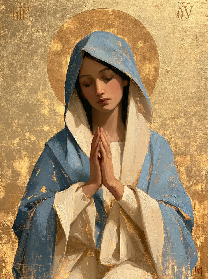 Virgin Mary in Prayer — Pale Blue and the Copper Halo