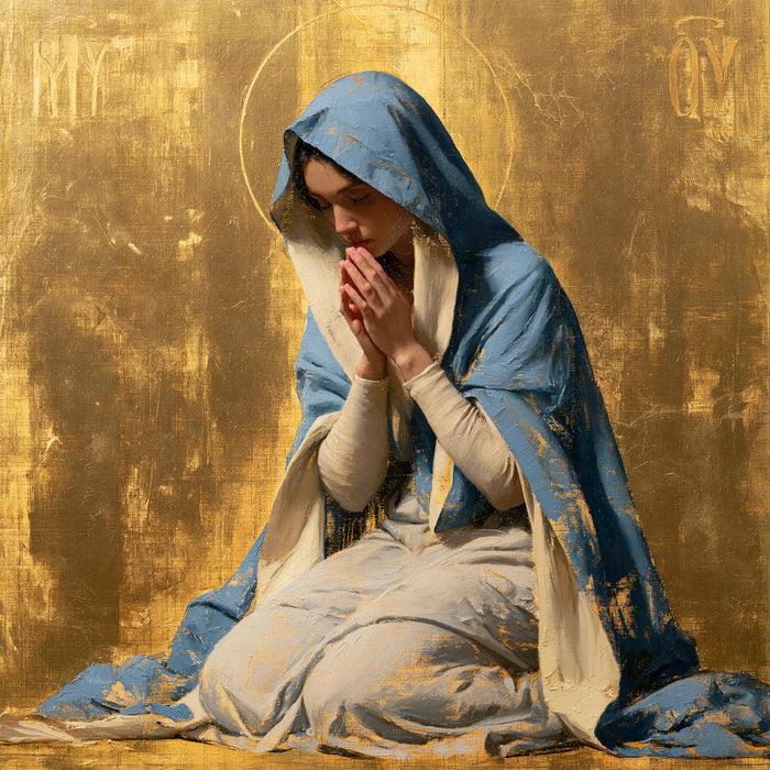 Virgin Mary in Prayer — Blue Bowed over Gold