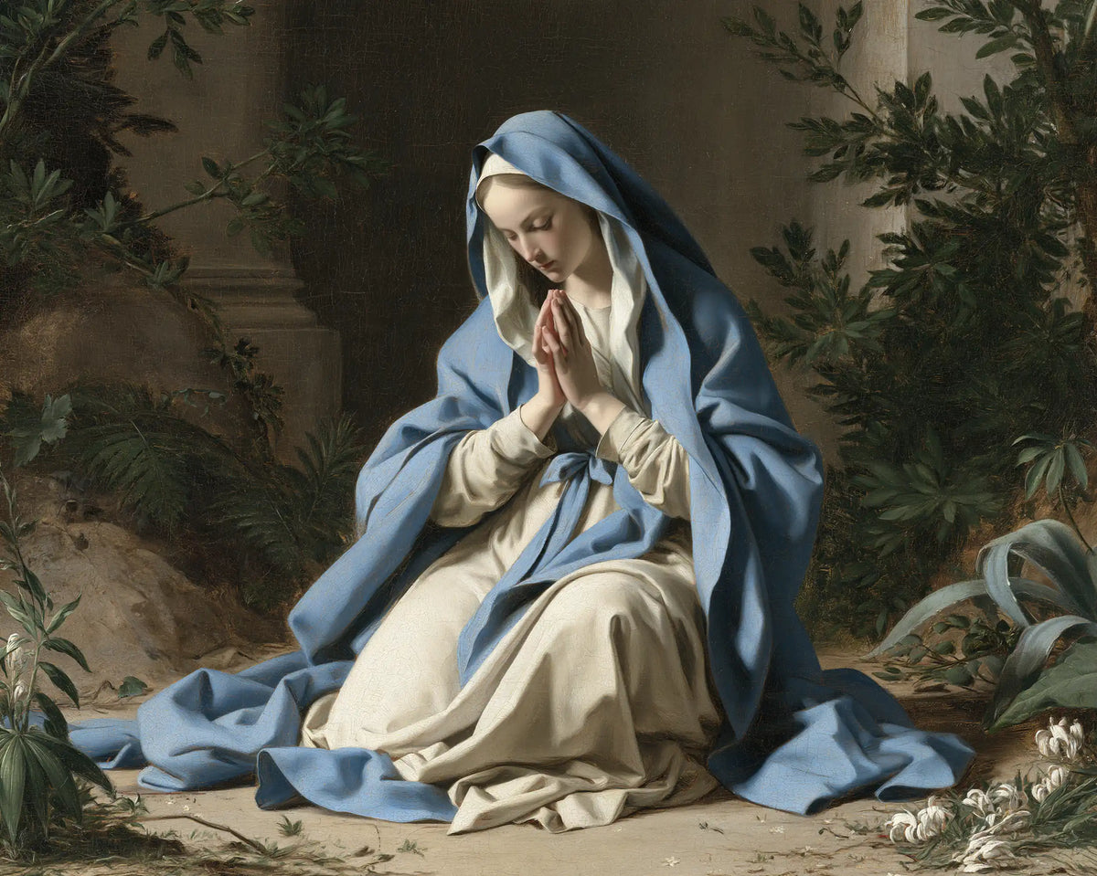 Virgin Mary in Prayer — Blue at the Heart of the Leaves