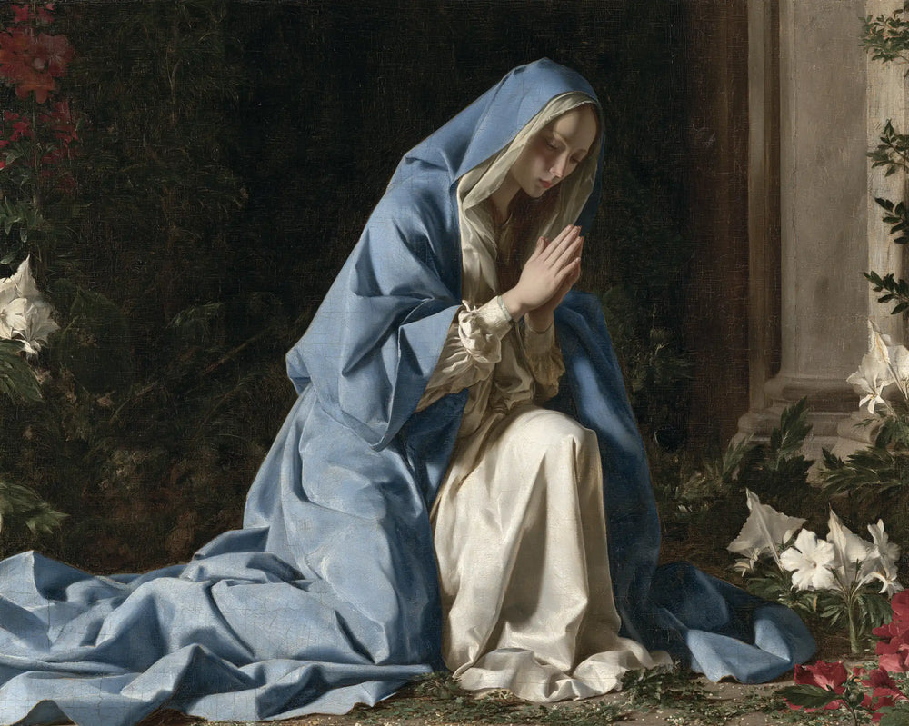 the Virgin Mary in prayer in Florentine Renaissance style, landscape Christian artwork no. 7