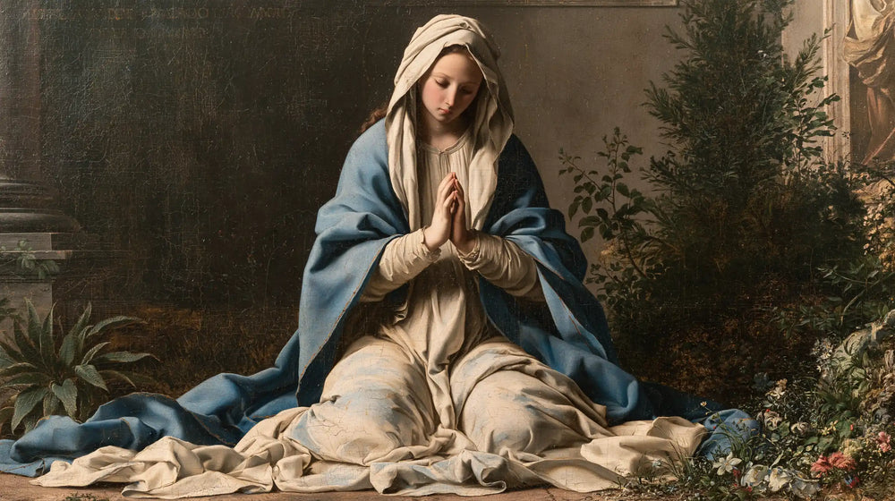 the Virgin Mary in prayer in Florentine Renaissance style, landscape Christian artwork no. 9