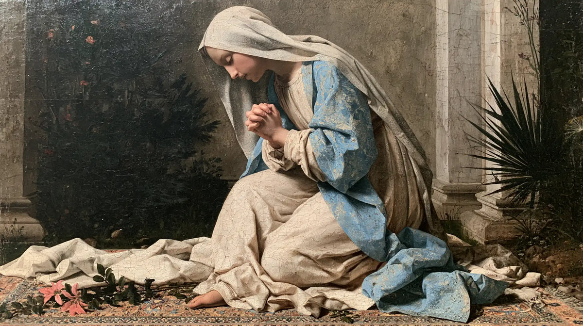 the Virgin Mary in prayer in Florentine Renaissance style, landscape Christian artwork no. 10